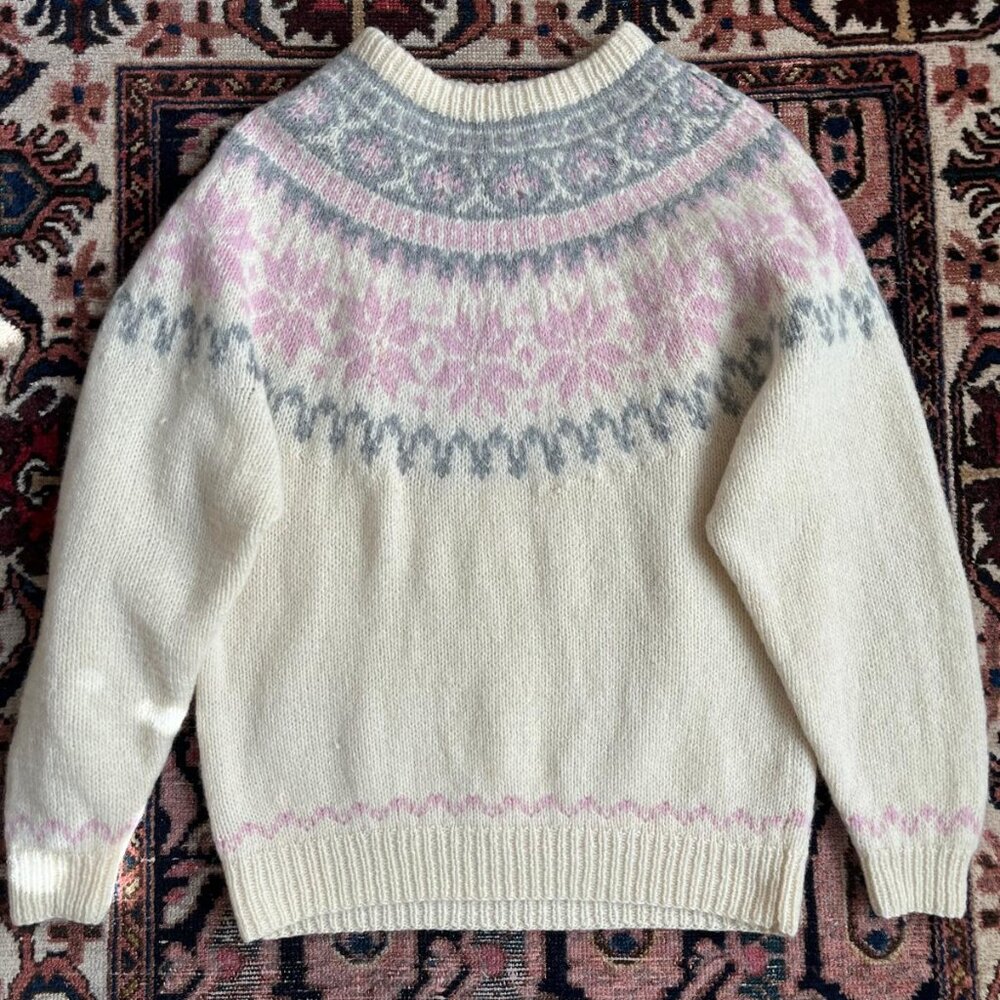 Eddie Bauer Vintage Nordic Fair Isle Wool Sweater – Medium, Pink & Gray